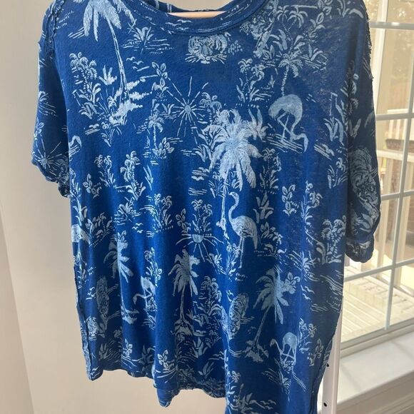 Free People Bali Backpacker Short Sleeve‎ Linen TShirt Blue Print XS NWT - Picture 8 of 12